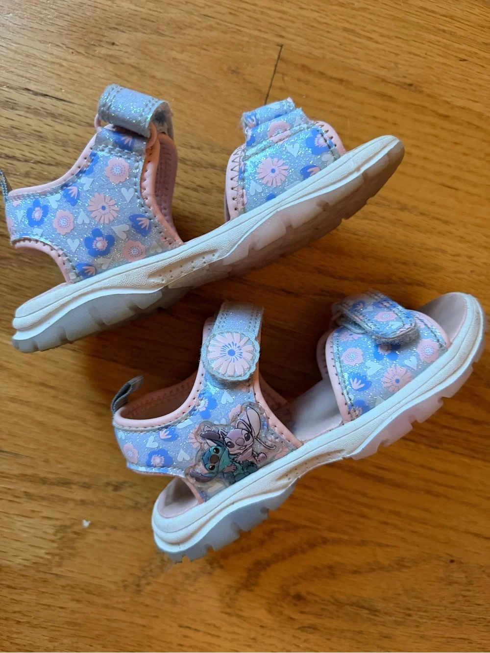 Toddler Floral Pink & Light Blue Velcro Sandals, Stich design, lights up!